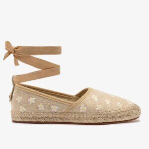 Larroude Letizia Espadrille Flat In Raw Linen and Daisy Embroidery